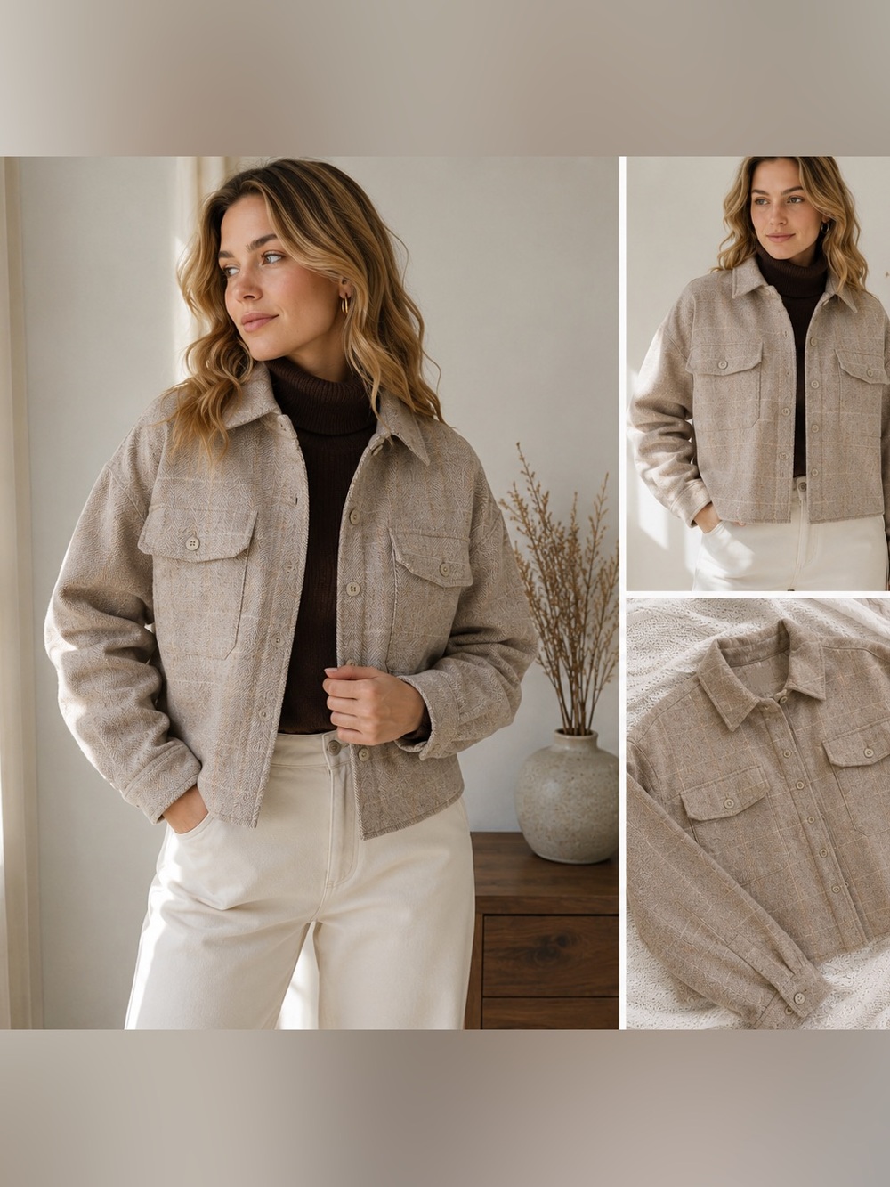 DENIMIST Wool Blend Windowpane Plaid Shacket Oversized Neutral Jacket NWT